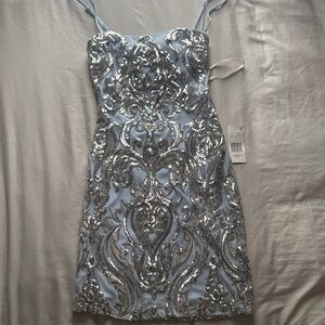 B Darlin Silver and Light Blue Sequin Mini Dress